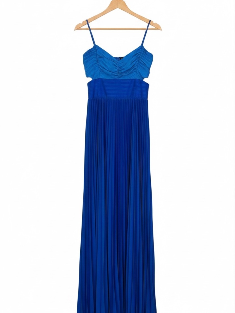 express blue colorblock side cutout pleated maxi dress